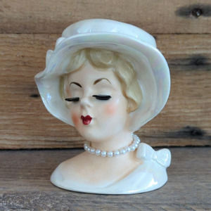 Vtg 4.25" Lefton Lady Head Vase Pearlescent White Dress and Hat Pearl Necklace